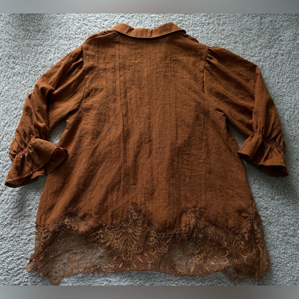 Kaktus Terracotta Blouse Smocked Yoke Ruffled Cuff Lace Trim Boho Peasant Chic - Picture 7 of 9